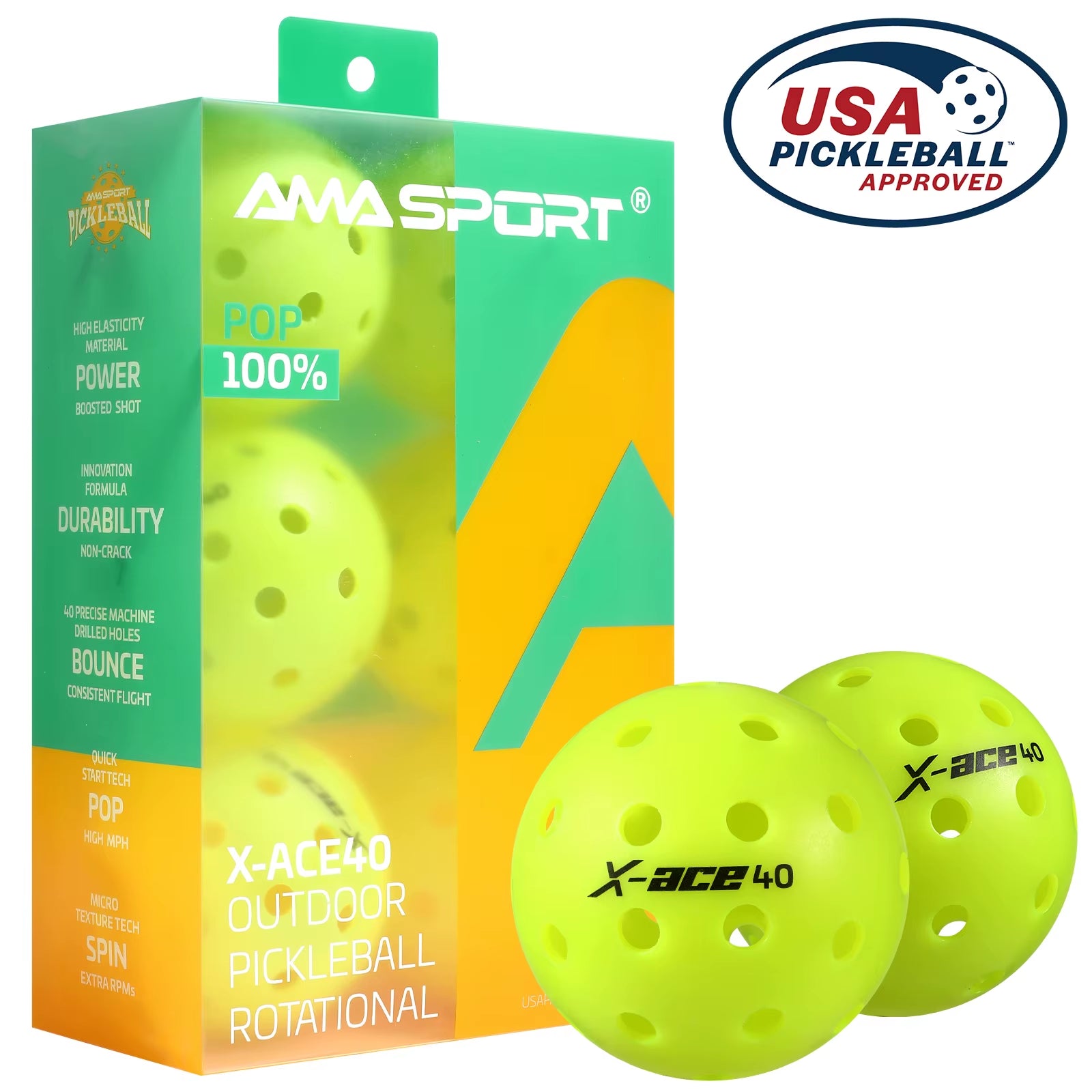 X-ACE Outdoor Pickleballs 40-Hole Crack-Resistant Optic Yellow Performance Balls