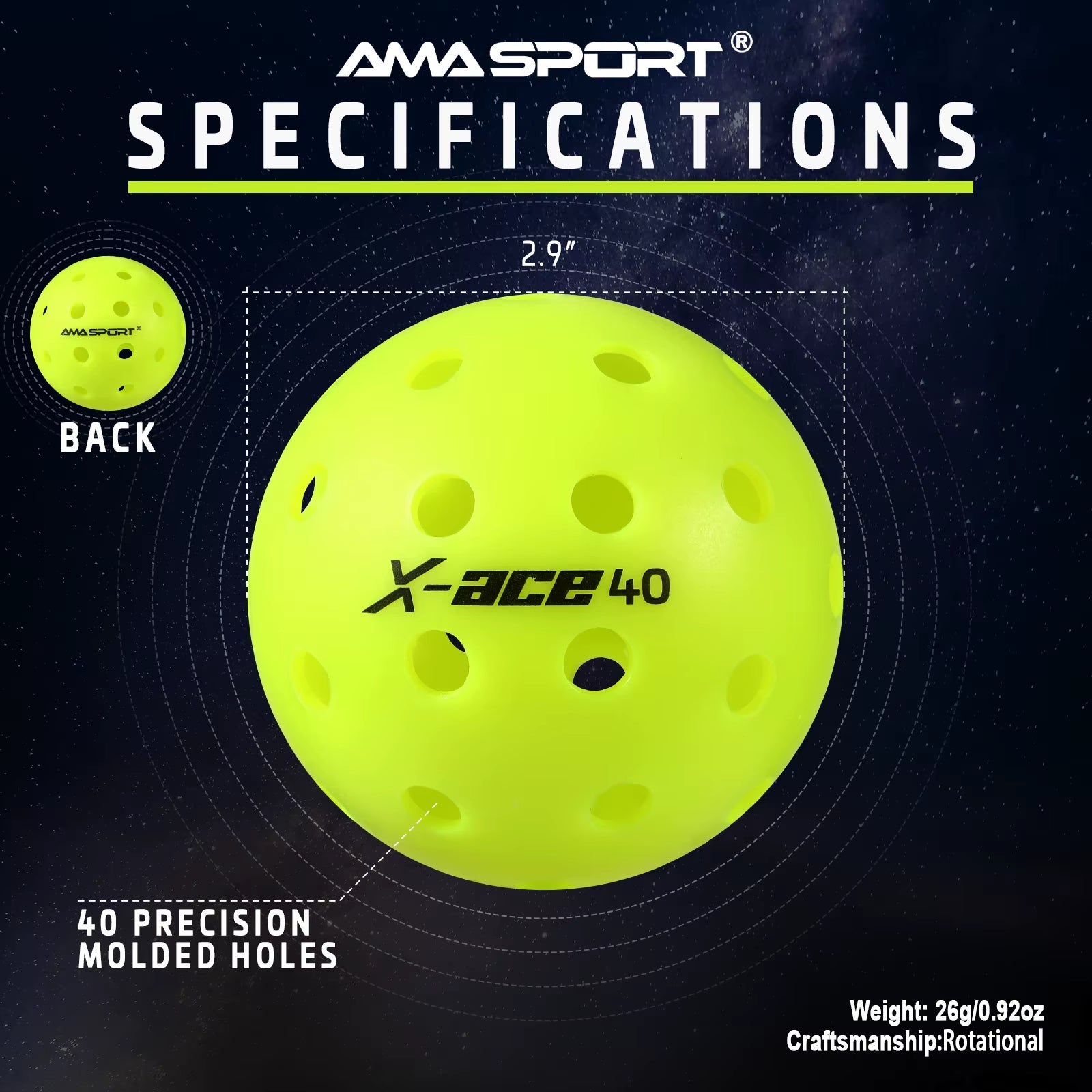 X-ACE Outdoor Pickleballs 40-Hole Crack-Resistant Optic Yellow Performance Balls