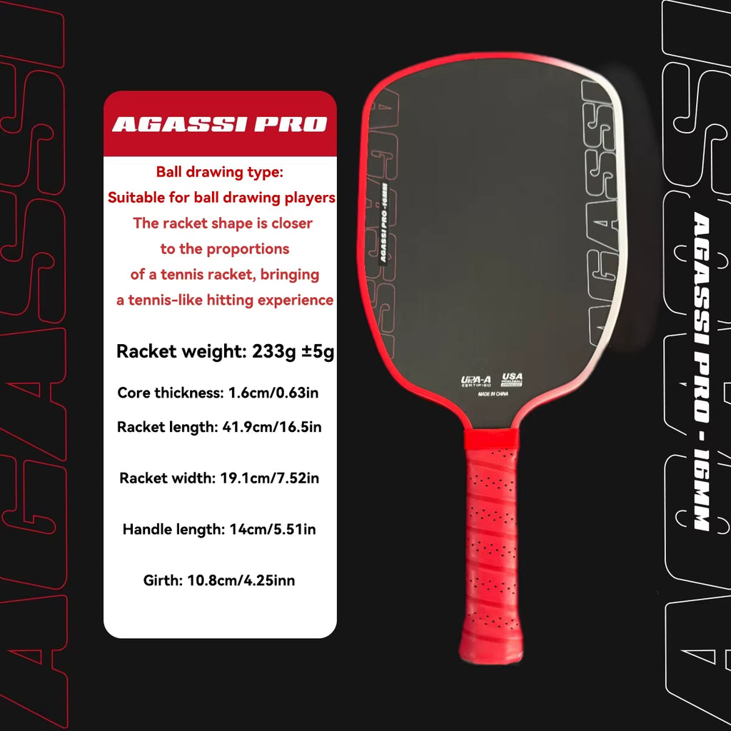 Agassi Pro IV 16mm Pickleball Paddle T700 Carbon Fiber with TFP Foam Core